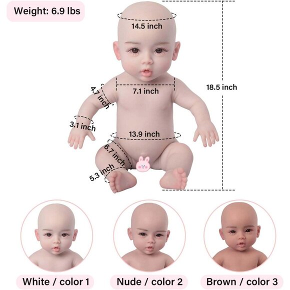 🆕18.5Inch Full Silicone Body Soft Newborn Girl-with Skeleton-Brown Hair Baby - Picture 2 of 7